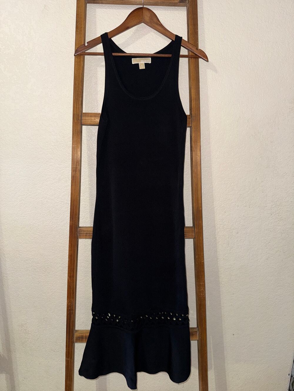 Michael Kors Black Sweater Knit Midi Dress Ruffle Hem Sleeveless Medium